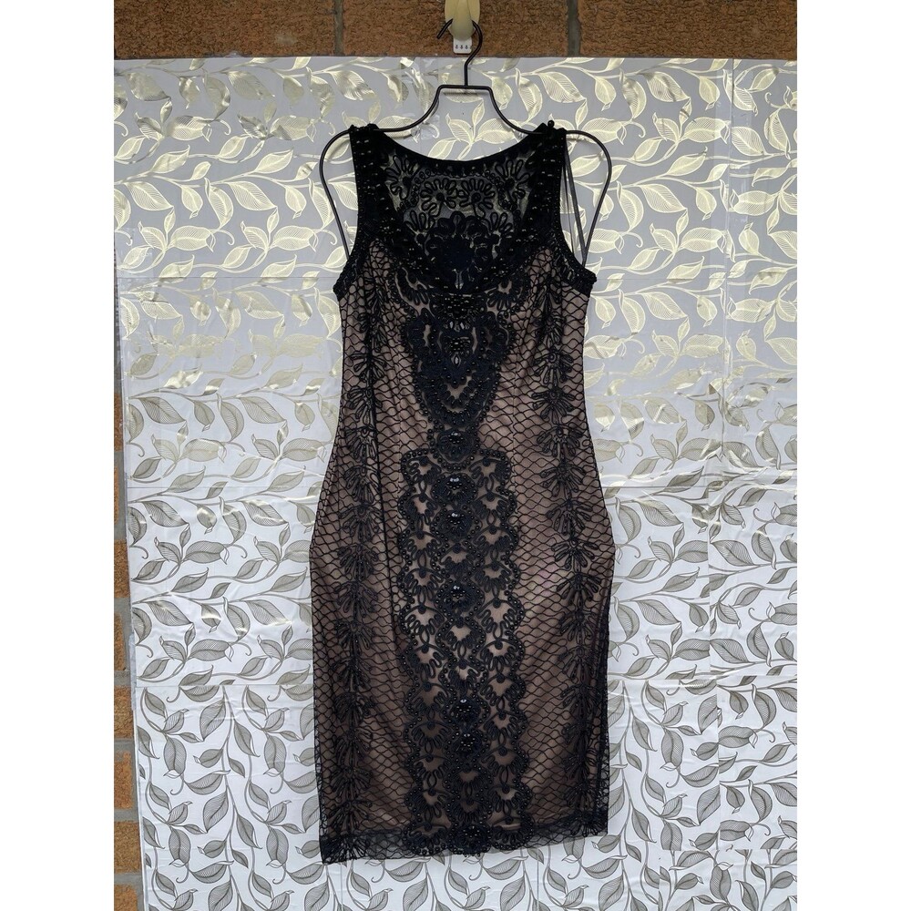 Sue Wong Beaded Lace Dress Size 0 Black Nude Vintage Whimsigoth Goth Vampire